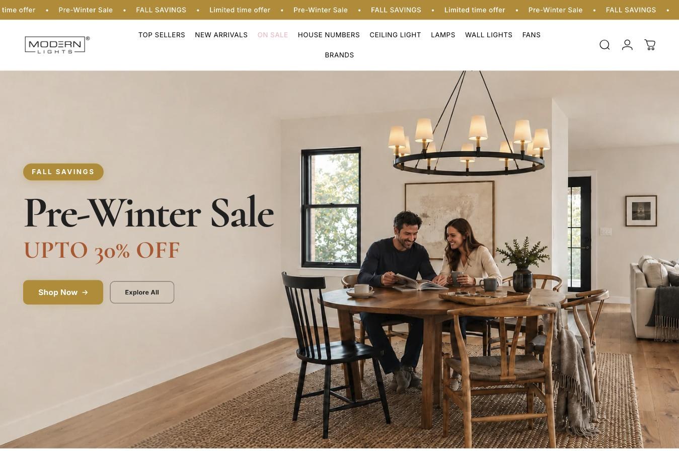 Modern Lights Shopify store homepage