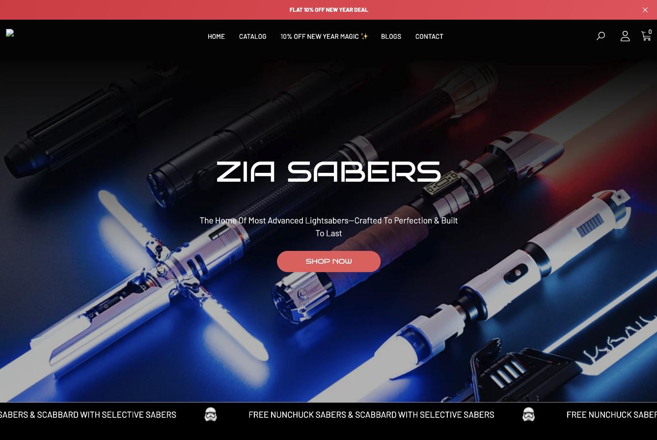 Zia Sabers Shopify store homepage
